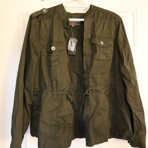 OLIVE GREEN TWILL OPEN FRONT DRAWSTRING JACKET